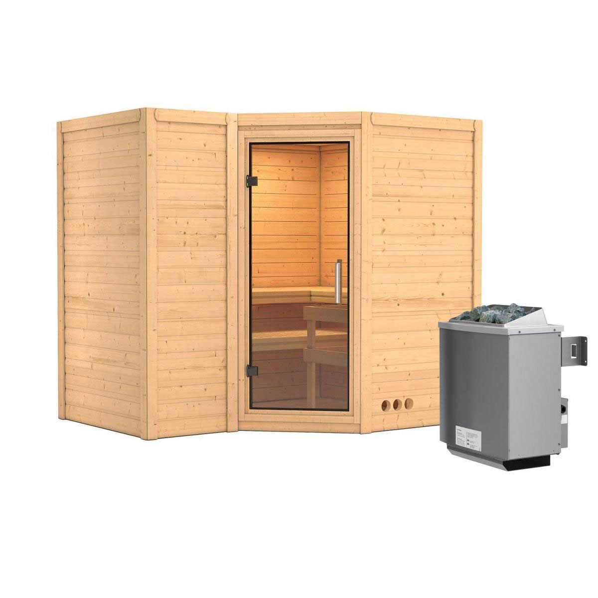 Karibu Sauna Sahib 2 Eckeinstieg 9 kW Ofen integr Strg kein Kranz Klarglas-Tür Bild 1