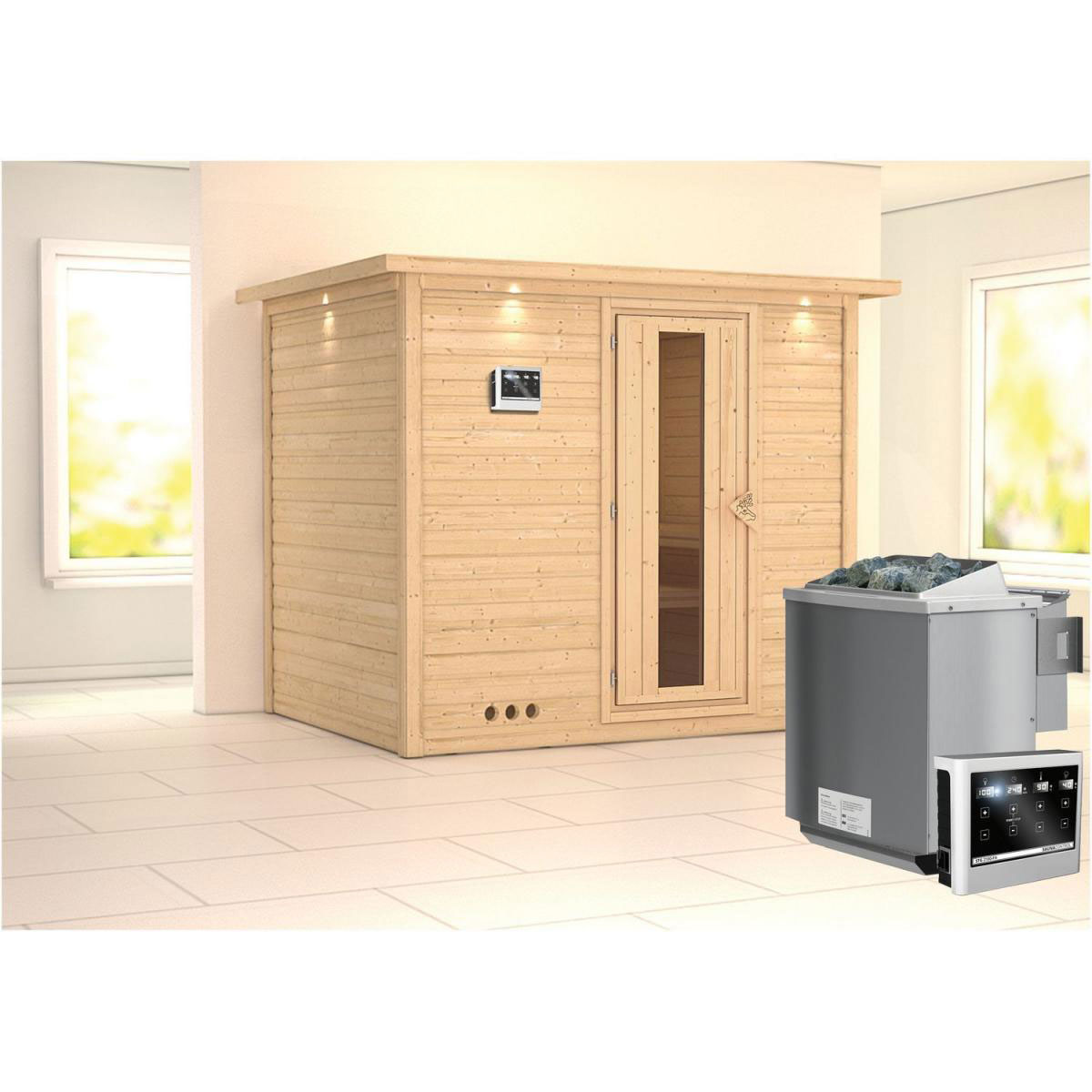 Karibu Sauna Sonara Fronteinstieg 9 kW Bio Ofen externe Strg Tür gedämmt mit Kranz Bild 2