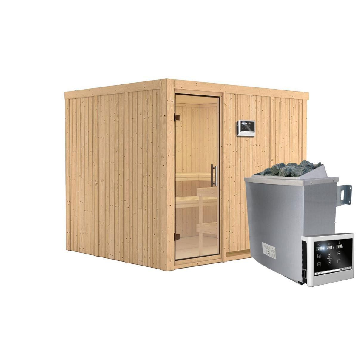 Karibu Sauna Gobin Fronteinstieg 9 kW Ofen externe Strg kein Kranz Klarglas-Tür Bild 1