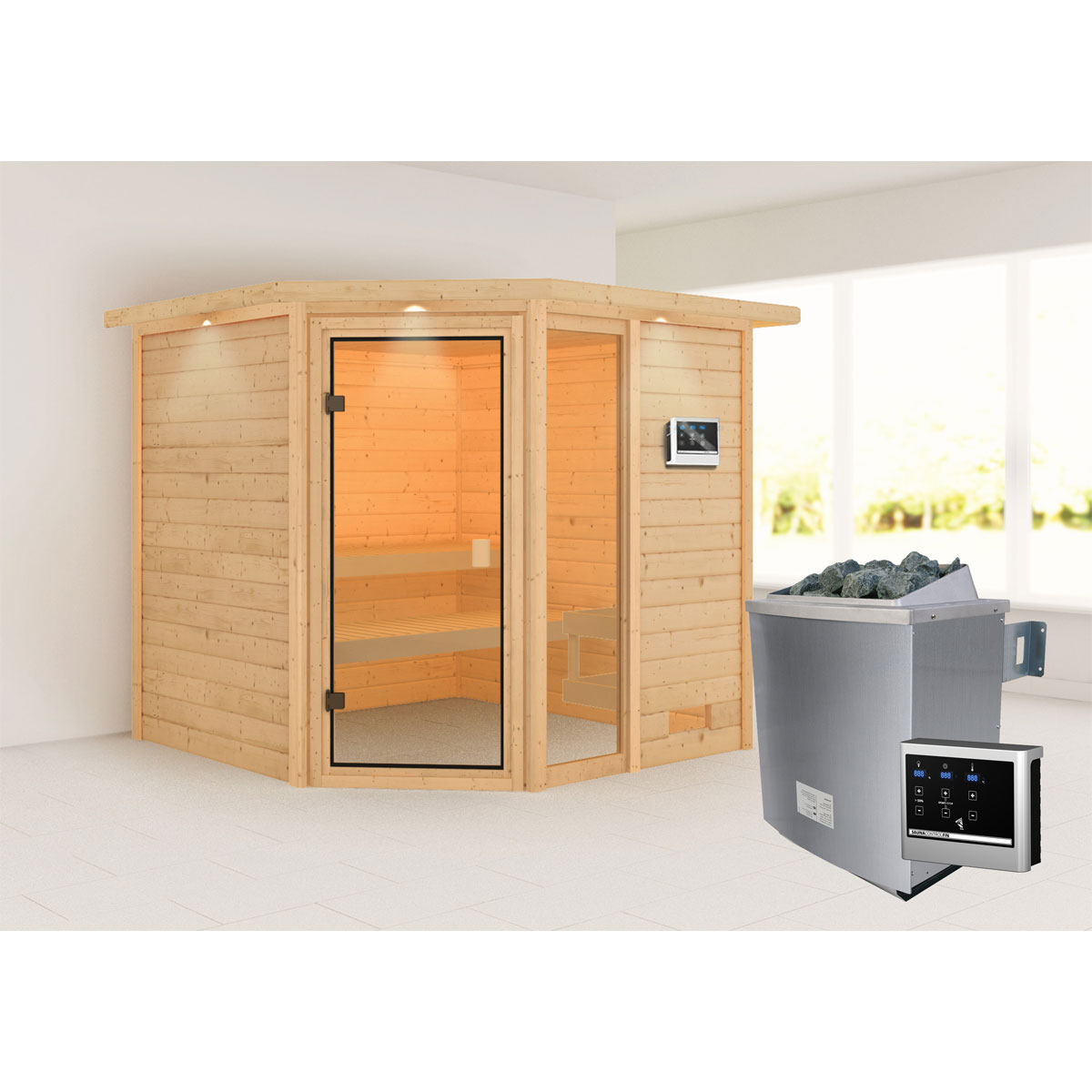 Karibu Sauna Tabea mit Kranz naturbelassen externe Steuerung Bild 1