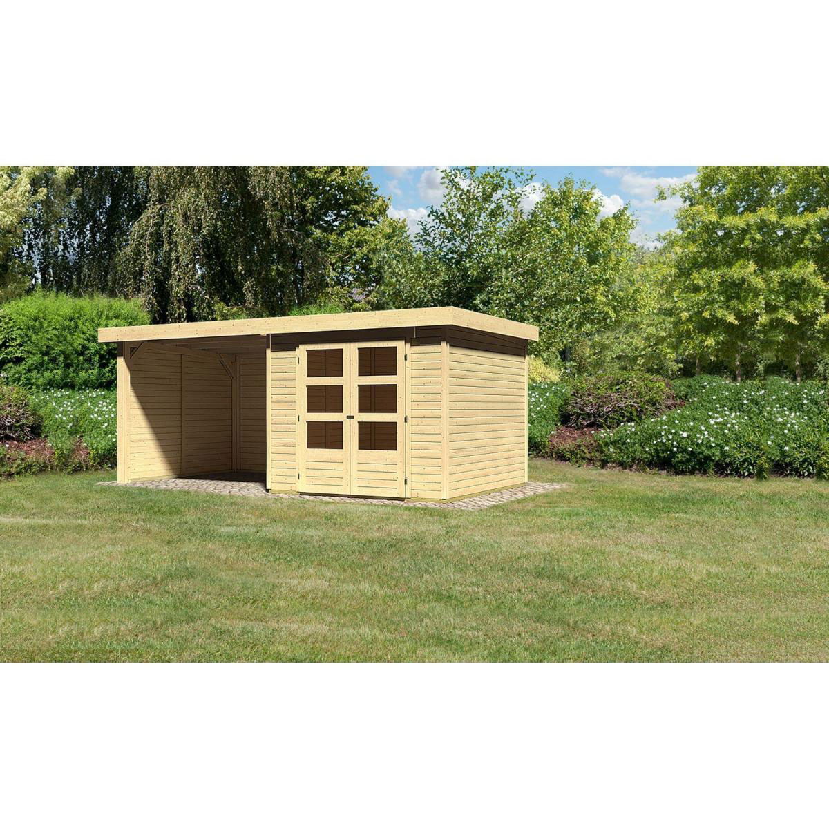 Karibu Gartenhaus Askola mit Anbaudach 265 cm und Seiten-/Rückwand naturbelassen 497 x 211 x 242 cm Bild 1