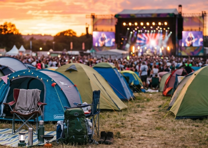 Festival Szene mit Campingplatz und Bühne im Hintergrund