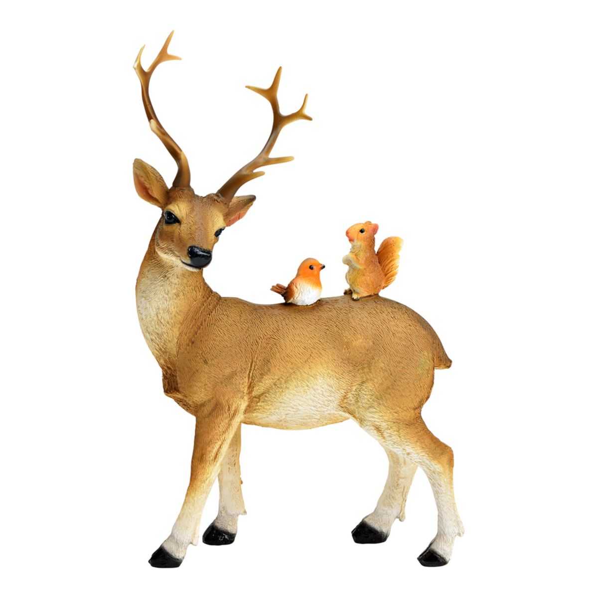 Dekofigur Hirsch mit Vogel und Eichhörnchen braun aus Poly 15x25x7 cm