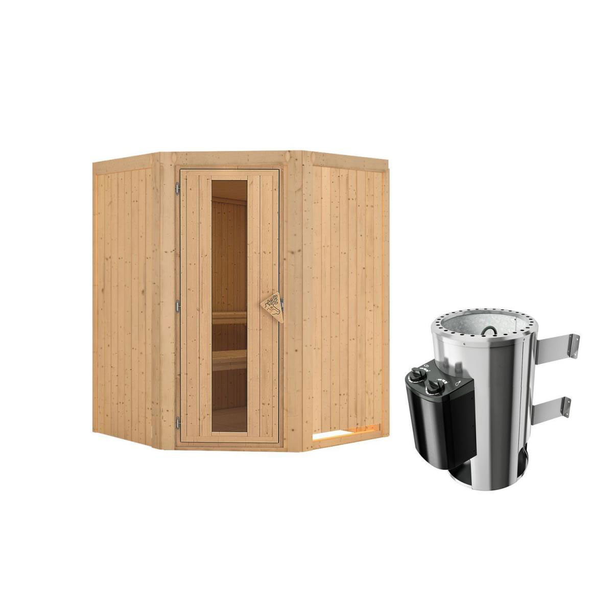 Karibu Sauna Nanja Eckeinstieg 3,6 kW Ofen integr Strg kein Kranz Energiespartür