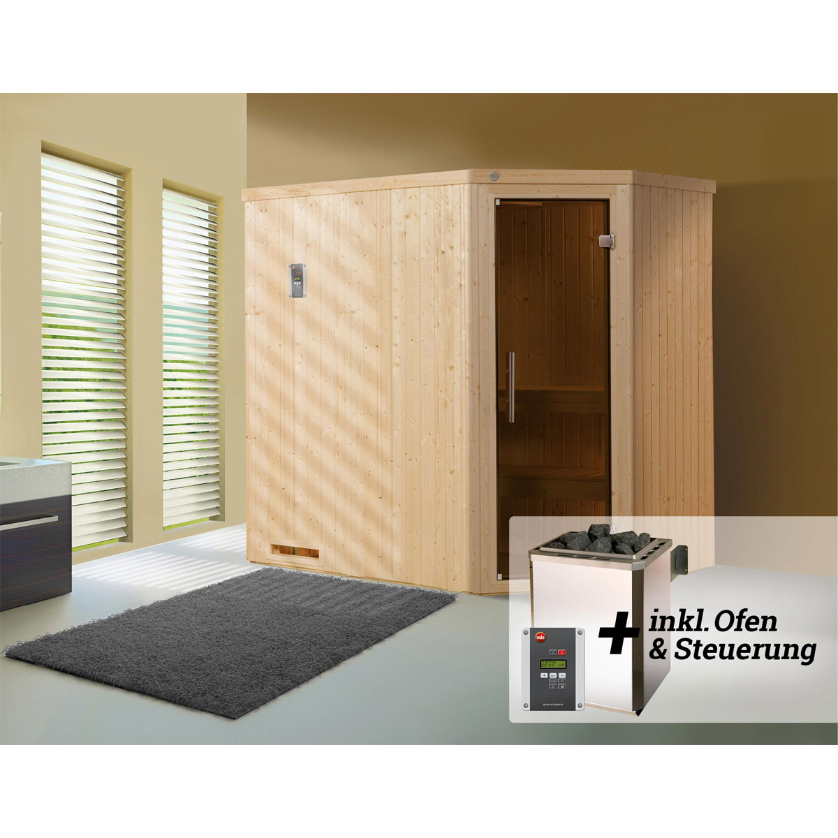 Weka  Elementsauna Halmstad Größe 2 Sparset 7,5 kW OS Glastuer und Fenster Bild 2