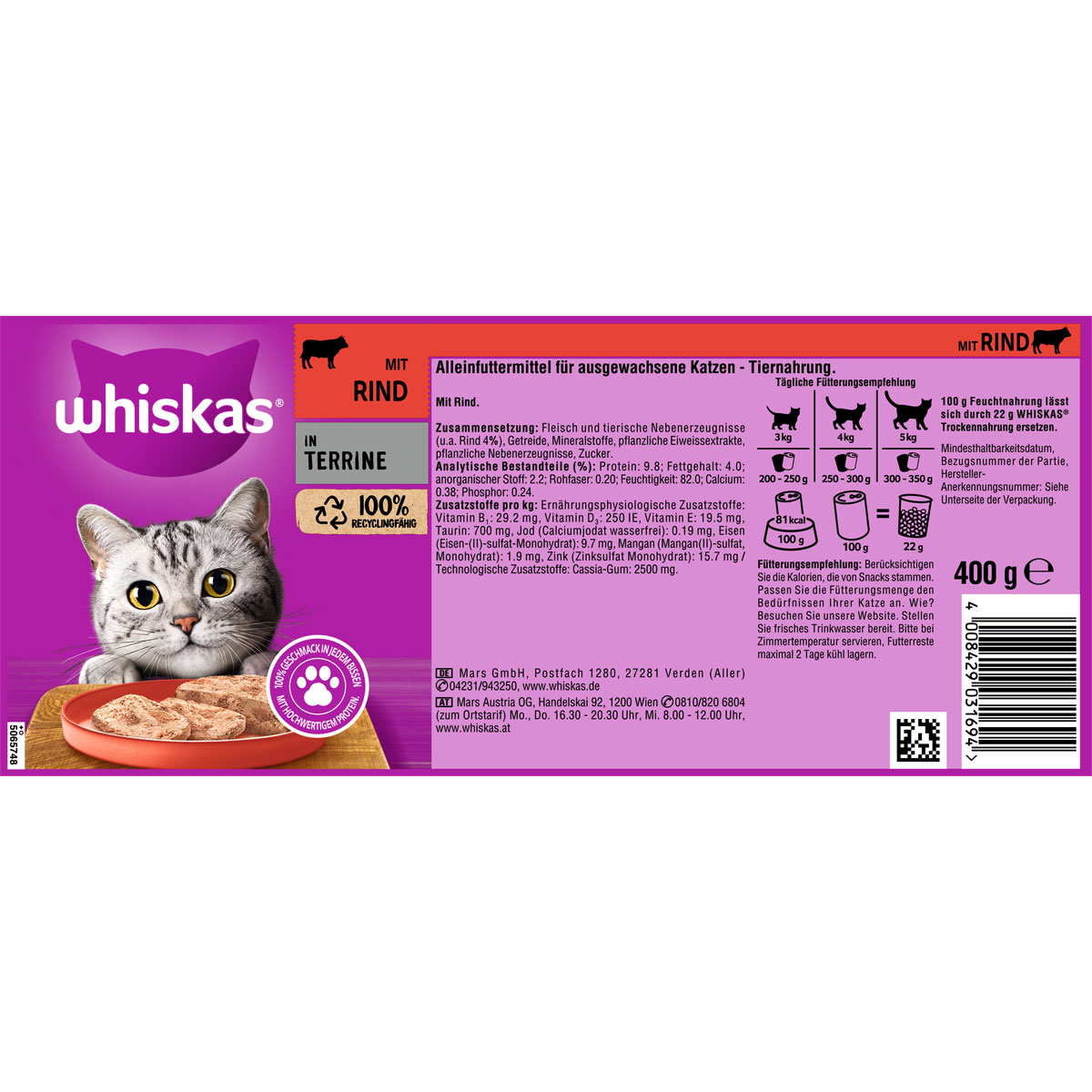 Whiskas Katzenfutter Rind in Terrine 400 g Dose Bild 3