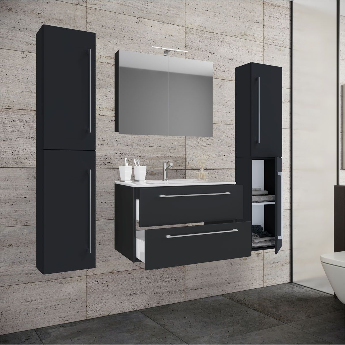 Waschplatz 80 cm 5-teiliges Set 2 Schubfächer mit Spiegelschrank schwarz