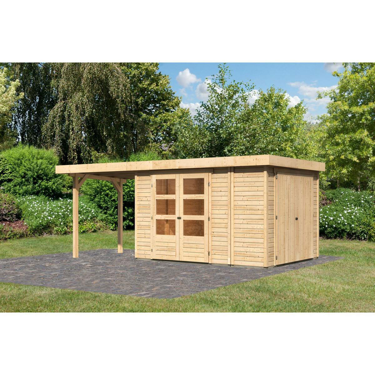 Karibu Gartenhaus Retola 4 inkl Anbauschrank und Anbaudach 2,40 Meter naturbelassen