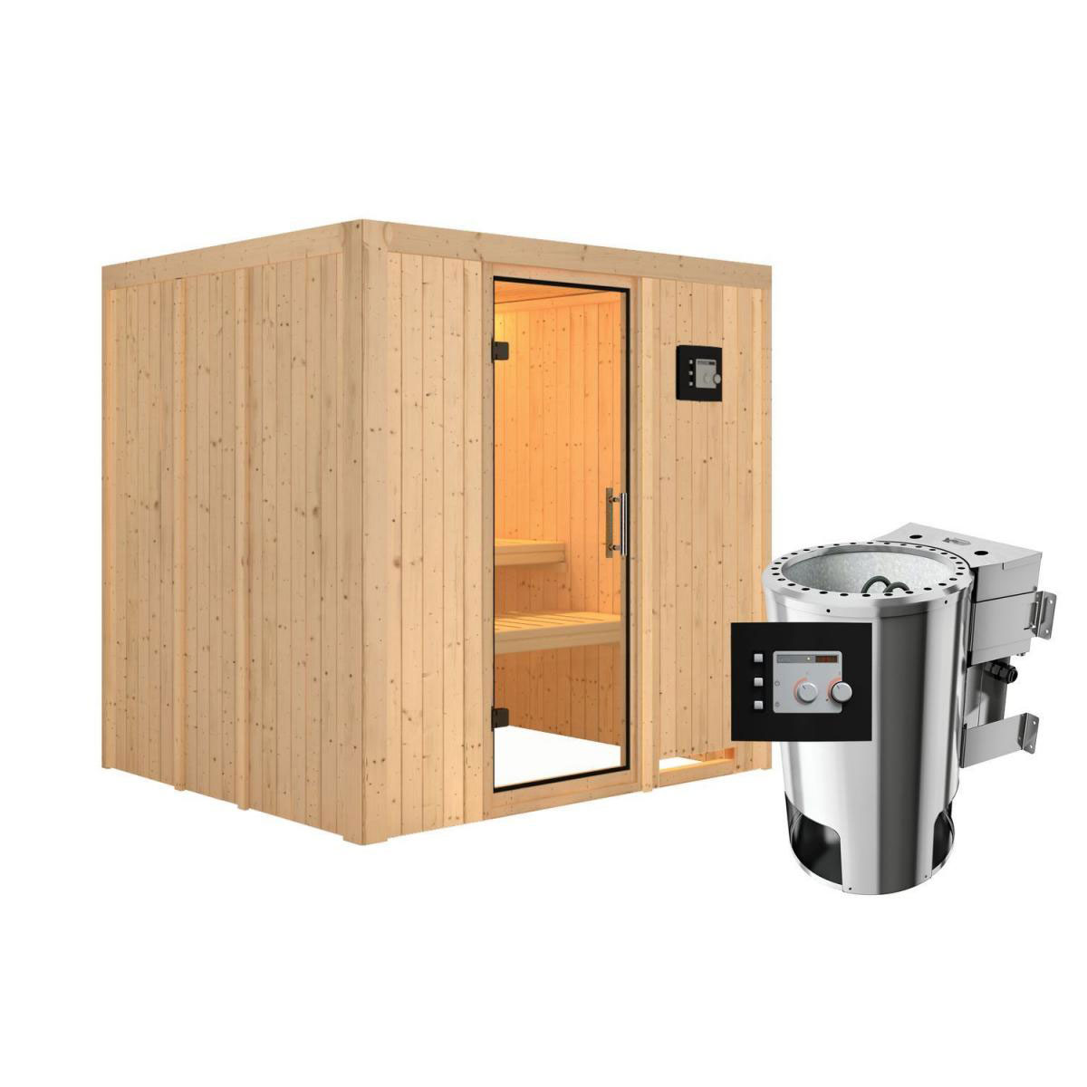 Karibu Sauna Daria Fronteinstieg 3,6 kW Bio Ofen kein Kranz Klarglas-Tür Bild 1