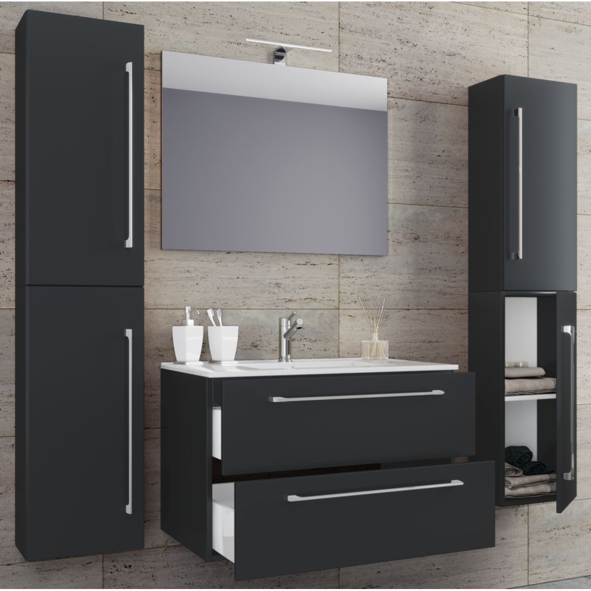 Waschplatz 60 cm 5-teiliges Set 2 Schubfächer mit Spiegel schwarz Bild 2