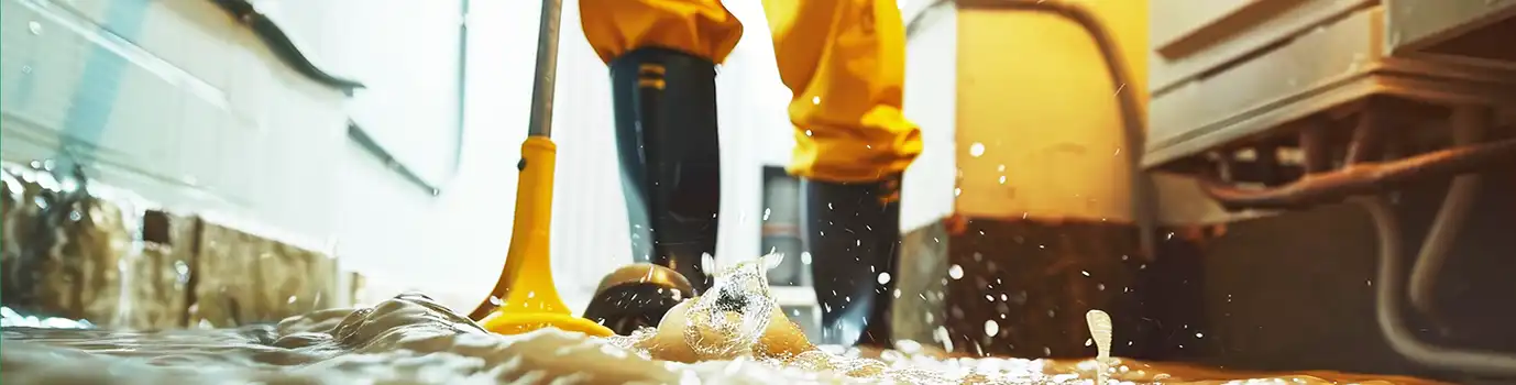 Eine Person in gelber Regenbekleidung steht mit einem Wasserschieber in einem überschwemmten Raum.