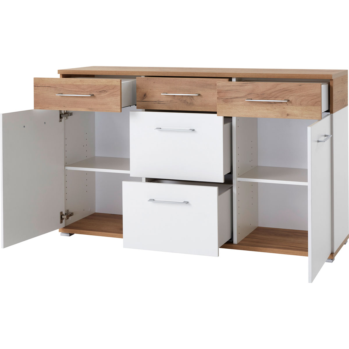 Sideboard Top mit 5 Schubkästen und 2 Türen 144 x 87 x 40 cm weiß/Navarra-Eiche-Nachbildung Bild 2