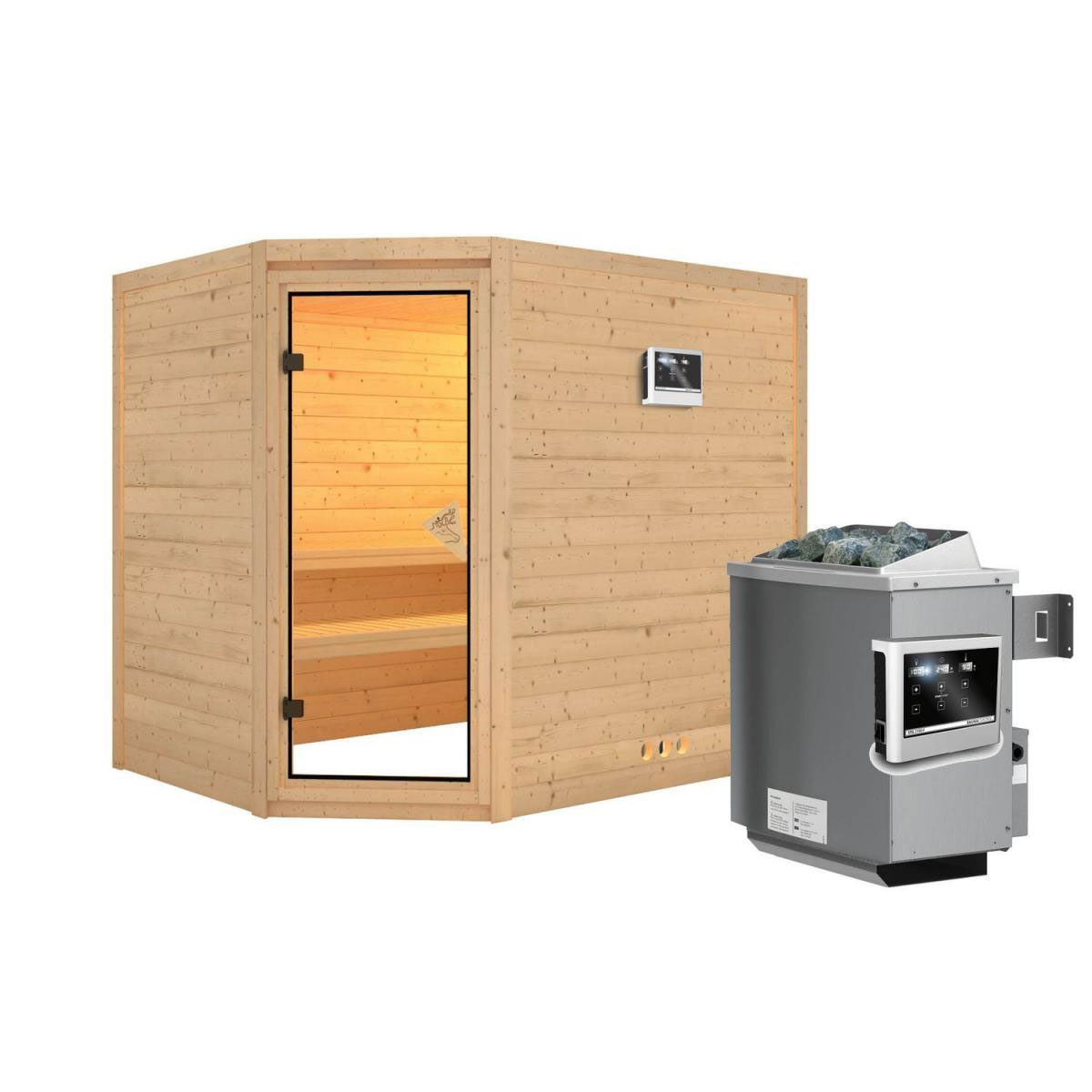 Karibu Massivholzsauna Tanami 40 mm 9 kW Ofen externe Strg modern ohne Kranz Bild 2