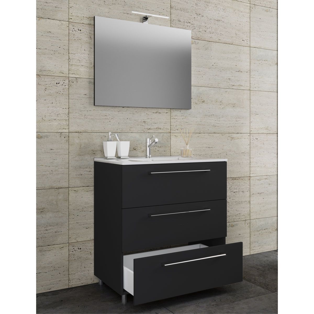 Stand-Waschplatz 80 cm 3-teilig 3 Schubfächer mit Spiegel schwarz Bild 2