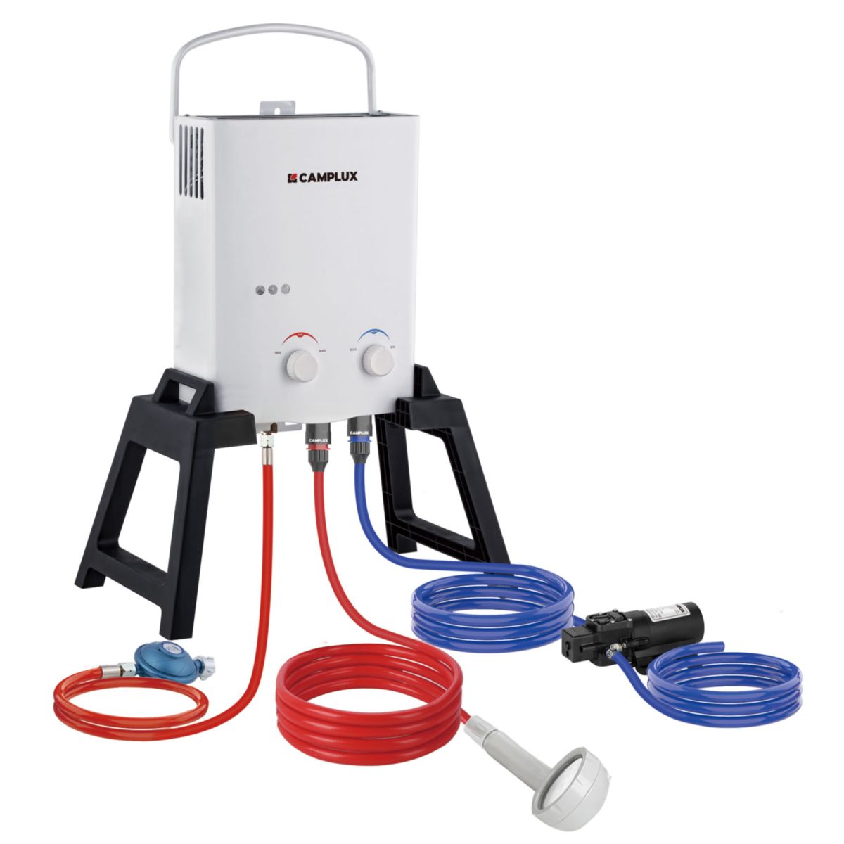 Camplux 5L Gas-Durchlauferhitzer mit 4,3L Wasserpumpe und Standfuß, weiß, 50 mbar