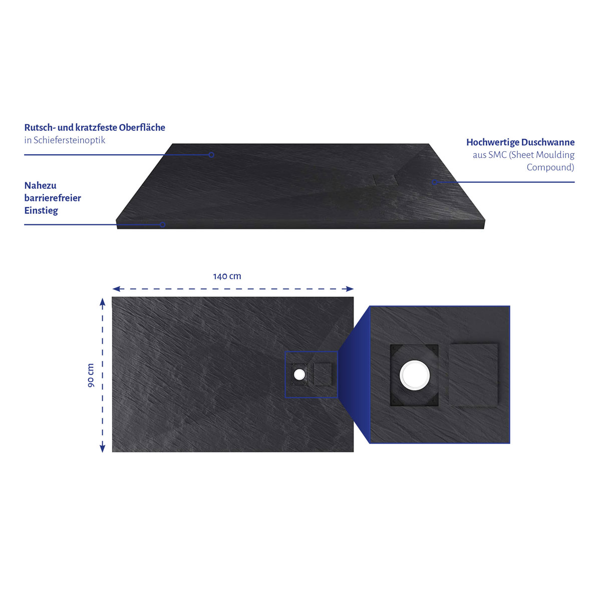 Aurlane Duschtasse Stone SMC schwarz 140 x 90 cm Bild 4