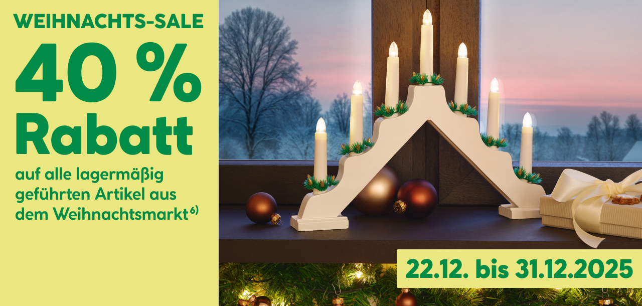 Weihnachts-Sale: 40 Prozent Rabatt auf alle lagermäßig geführten Artikel aus dem Weihnachtsmarkt