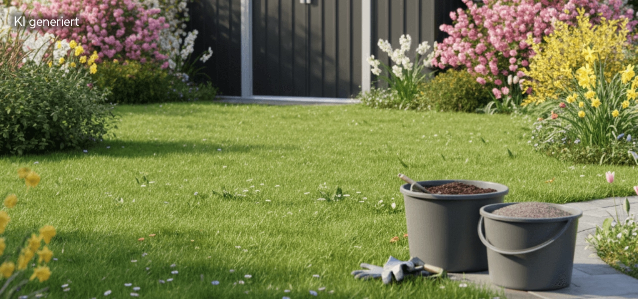 Rasen mit Eimern - im Hintergrund sieht man ein Gartenhaus