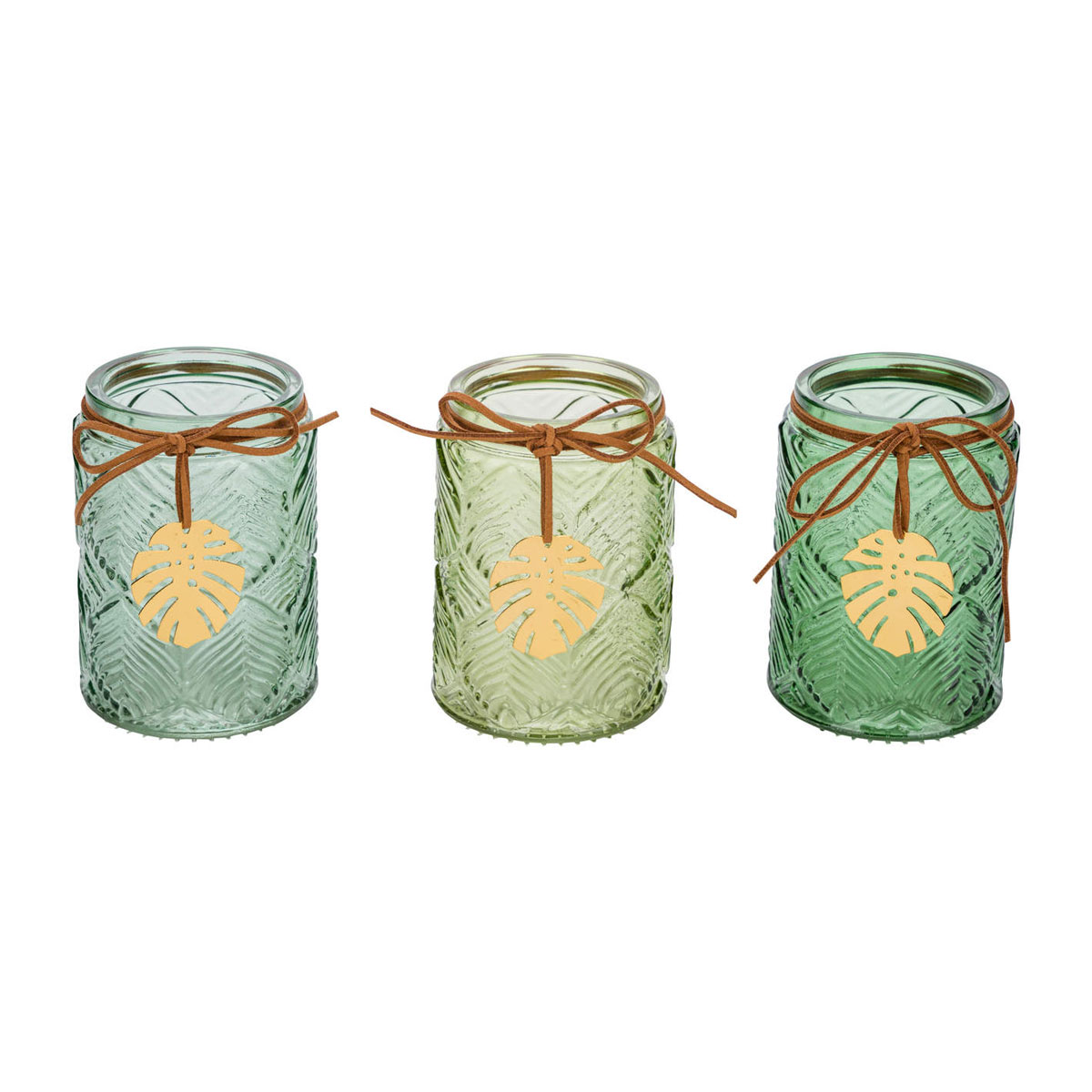 Glas-Windlicht mit goldenem Blatt Durchmesser 8,5 x 12 cm grüntöne