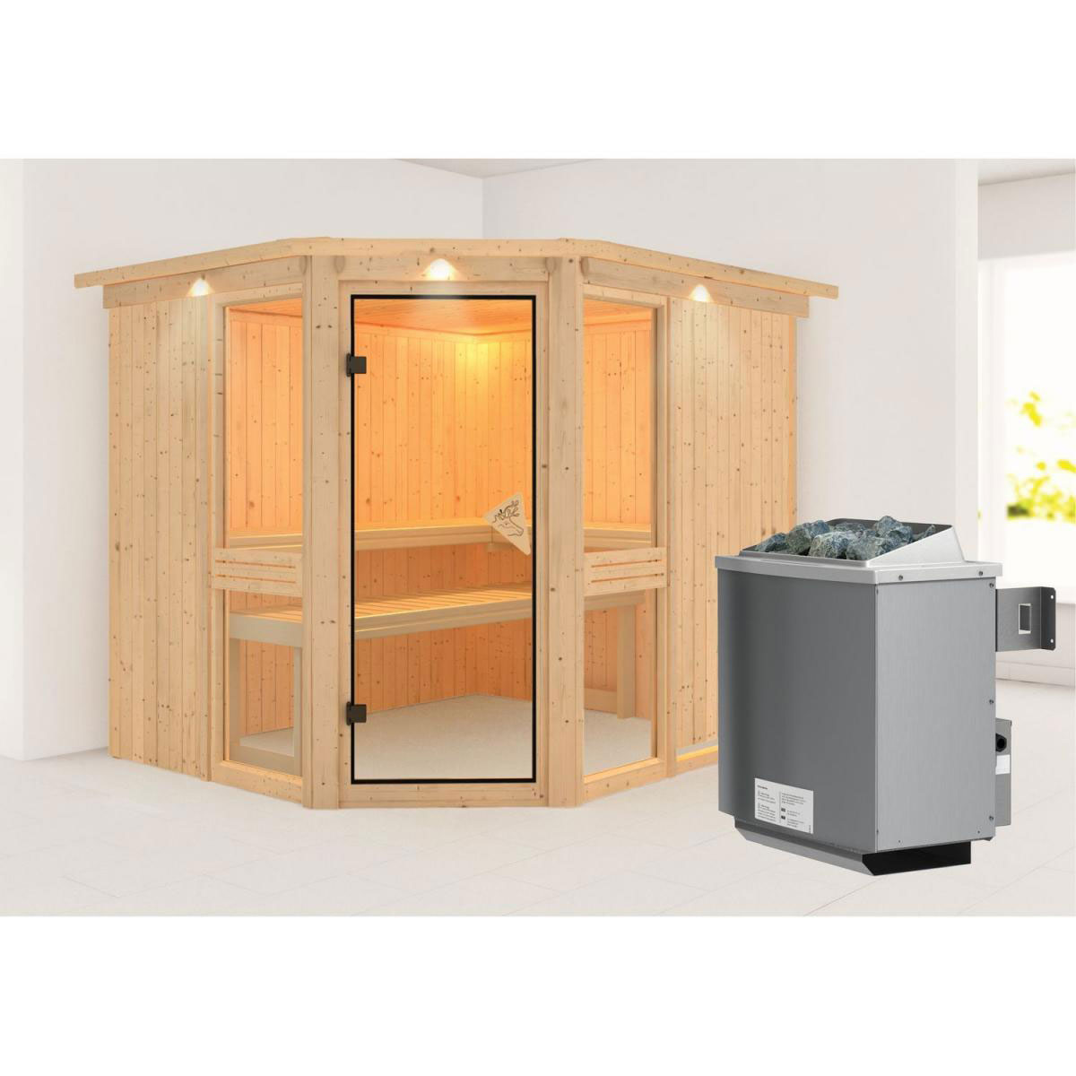 Karibu Amelia 3 Eckeinstieg 9 kW Ofen integr Strg mit Kranz Bild 1