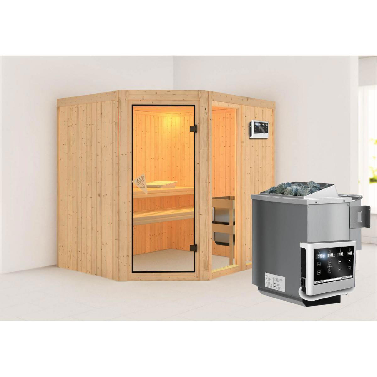 Karibu Systemsauna Fiona 2 68 mm 9 kW Ofen Bio externe Strg ohne Dachkranz Bild 1
