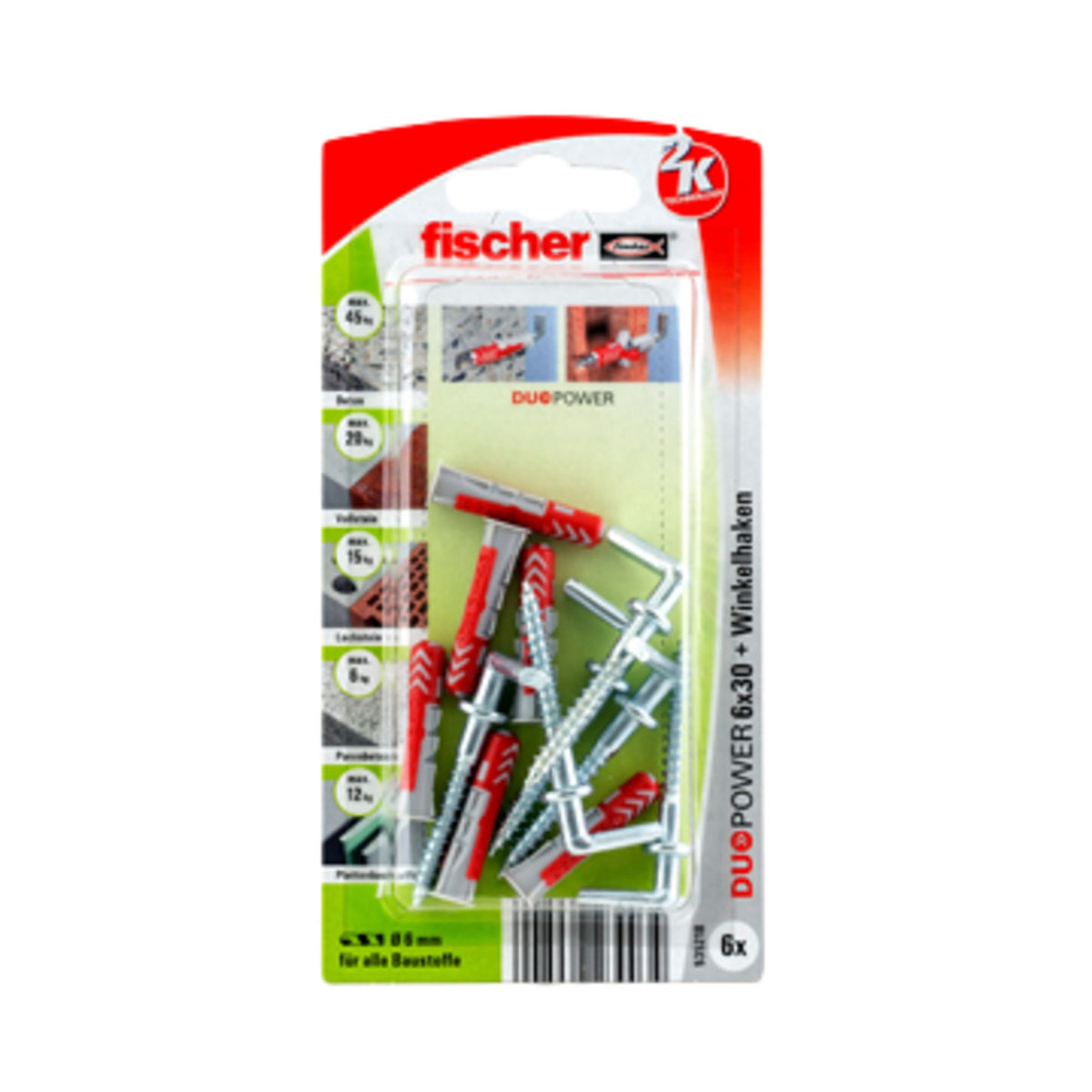Fischer  Dübel DuoPower 6 x 30 mm mit Winkelhaken 6 Stück Bild 1