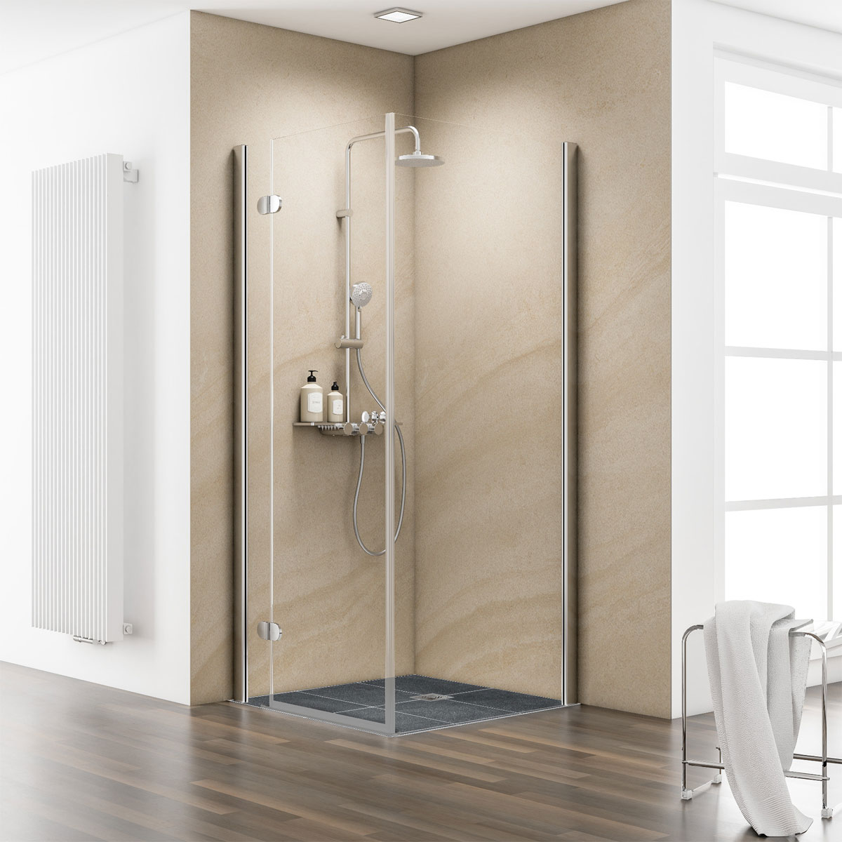 Schulte Drehtür MasterClass inkl Seitenwand Montage auf Fliesen links