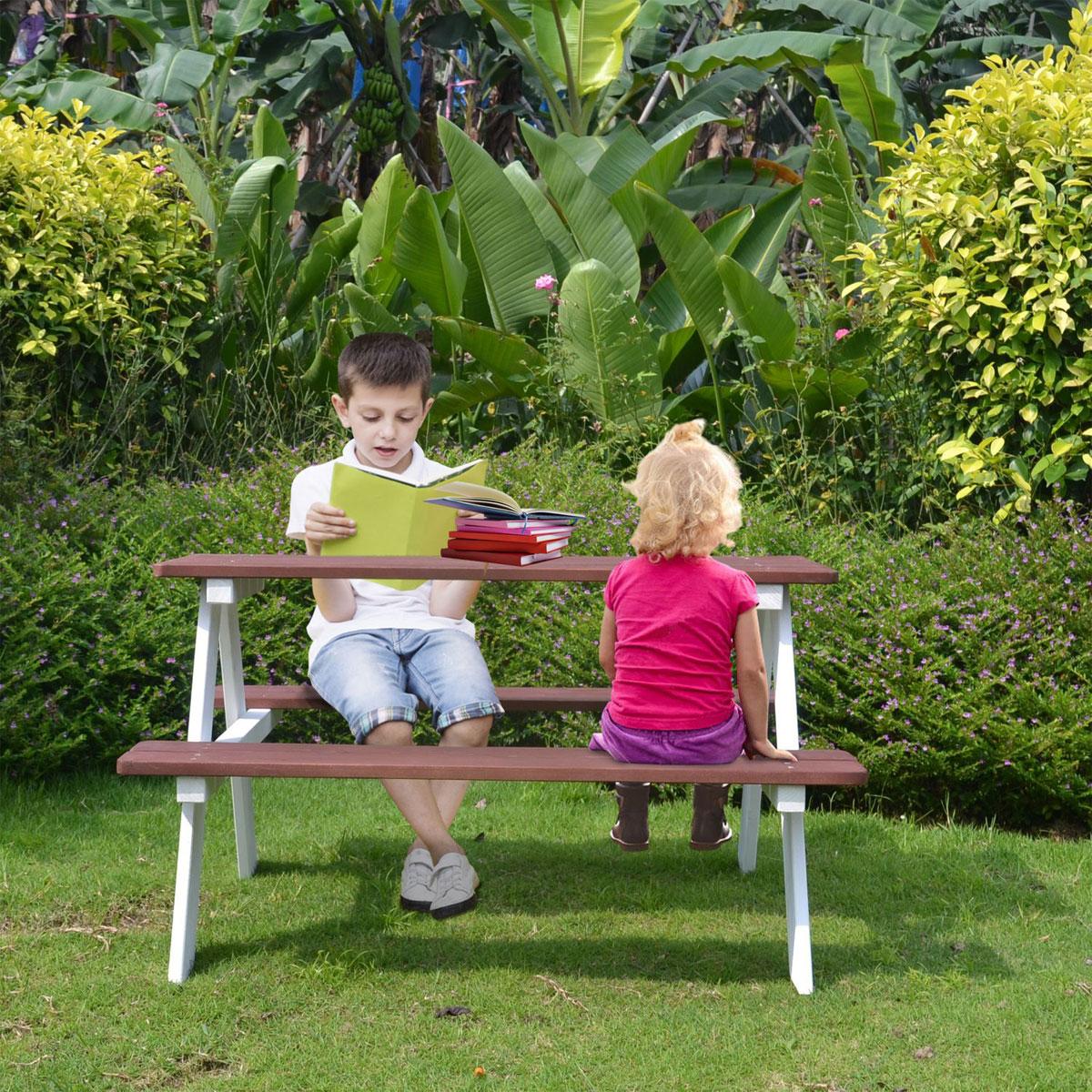 Coemo Picknicktisch Holz Kindersitzgruppe Weiß / Teak Bild 7