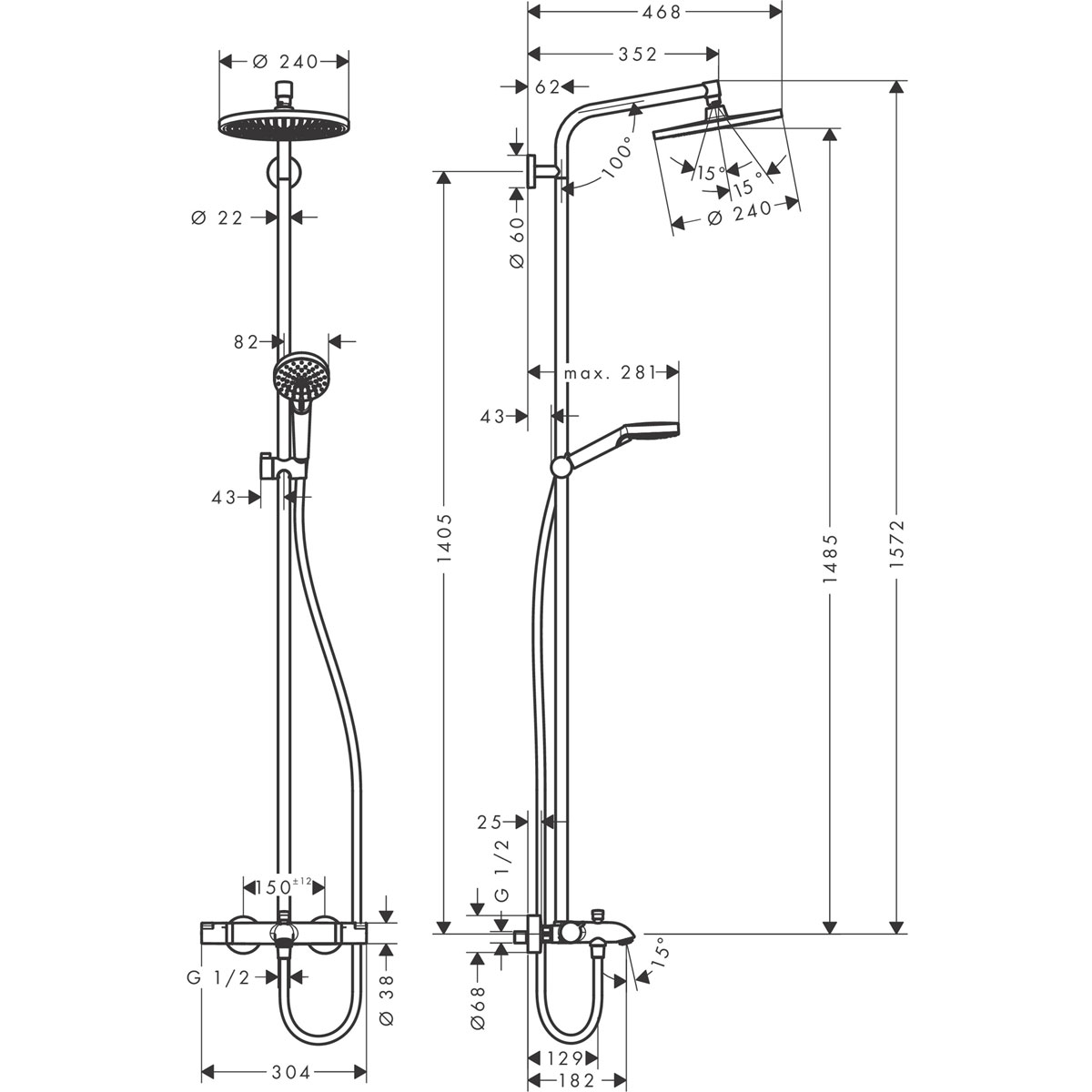 Hansgrohe  Duschsystem 240 Crometta S 1 Strahlart mit Wannenthermostat Chrom Bild 2