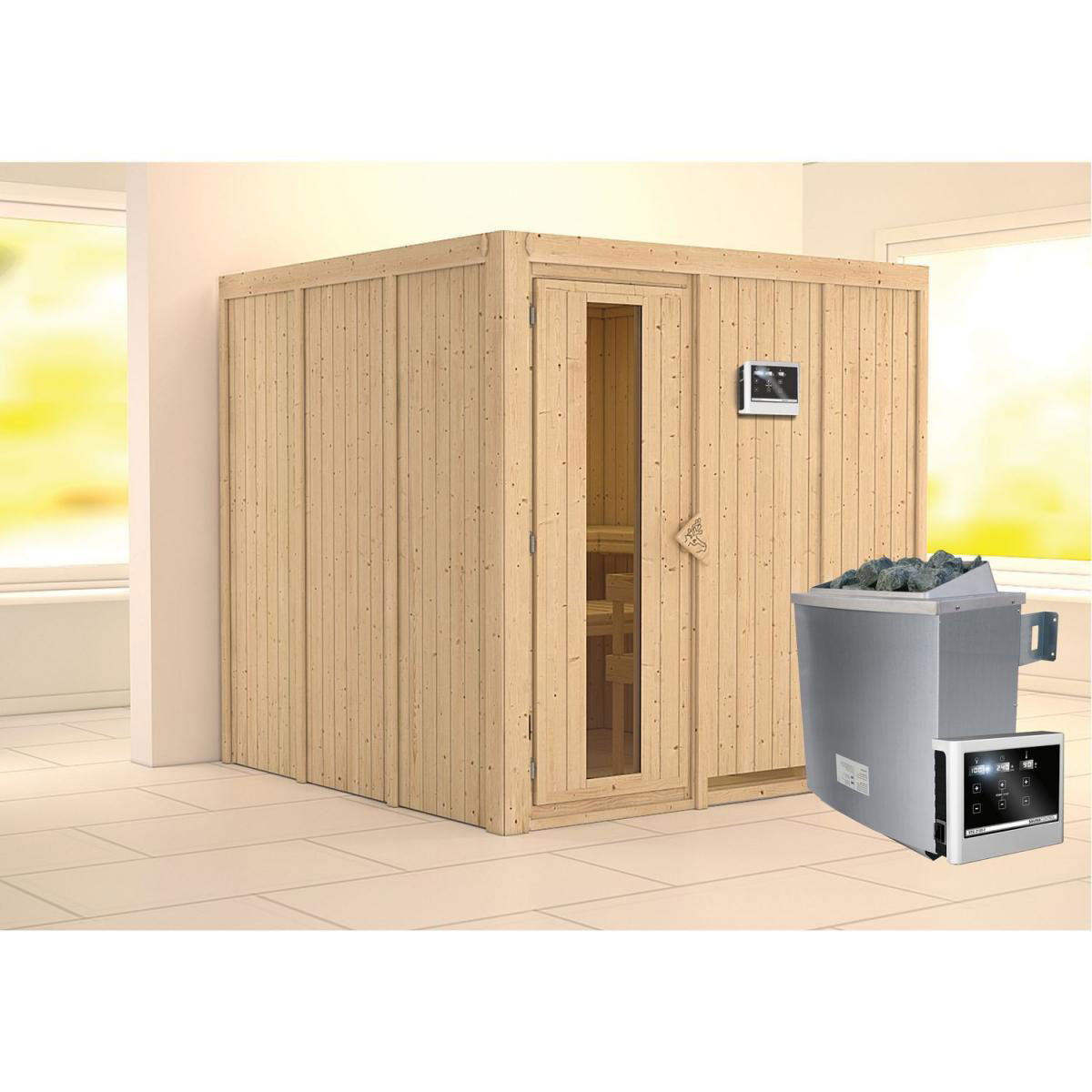 Karibu Sauna Rodin Fronteinstieg 9 kW Ofen externe Strg modern Tür gedämmt ohne Kranz Bild 1