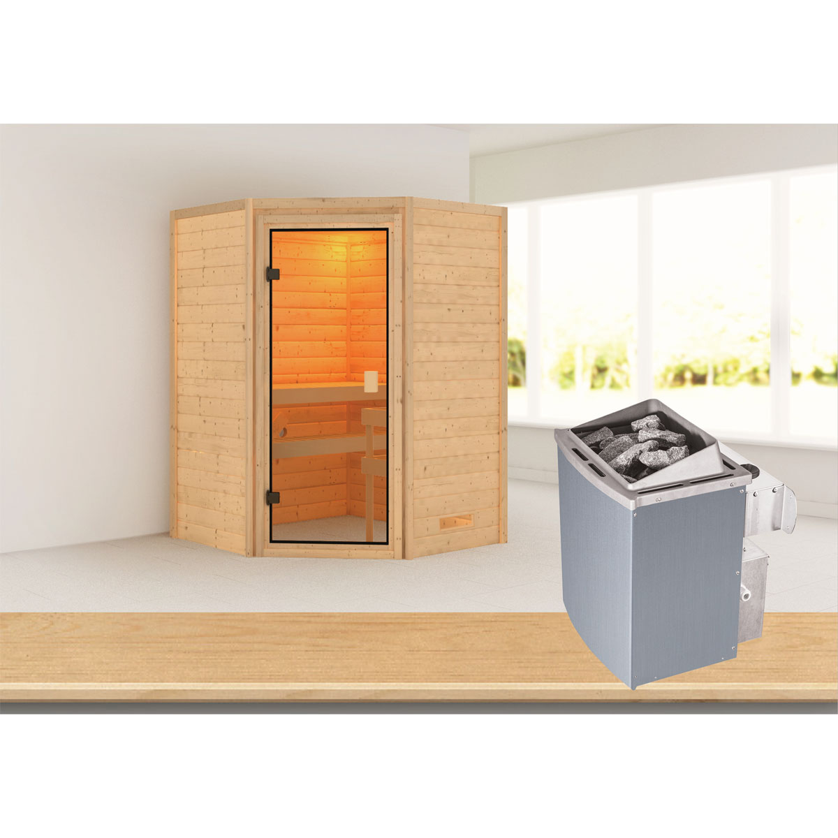 Karibu Sauna Antonia 3,6 kW naturbelassen Bio externe Steuerung ohne Dachkranz Bild 3