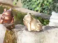 Drei Froschfiguren sitzen nebeneinander auf einem Stein vor einer mit Efeu bedeckten Wand.