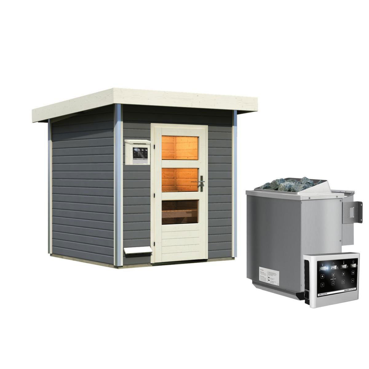 Karibu Saunahaus Torge 38 mm 9 kW Bio Ofen externe Strg moderne Tür terragrau