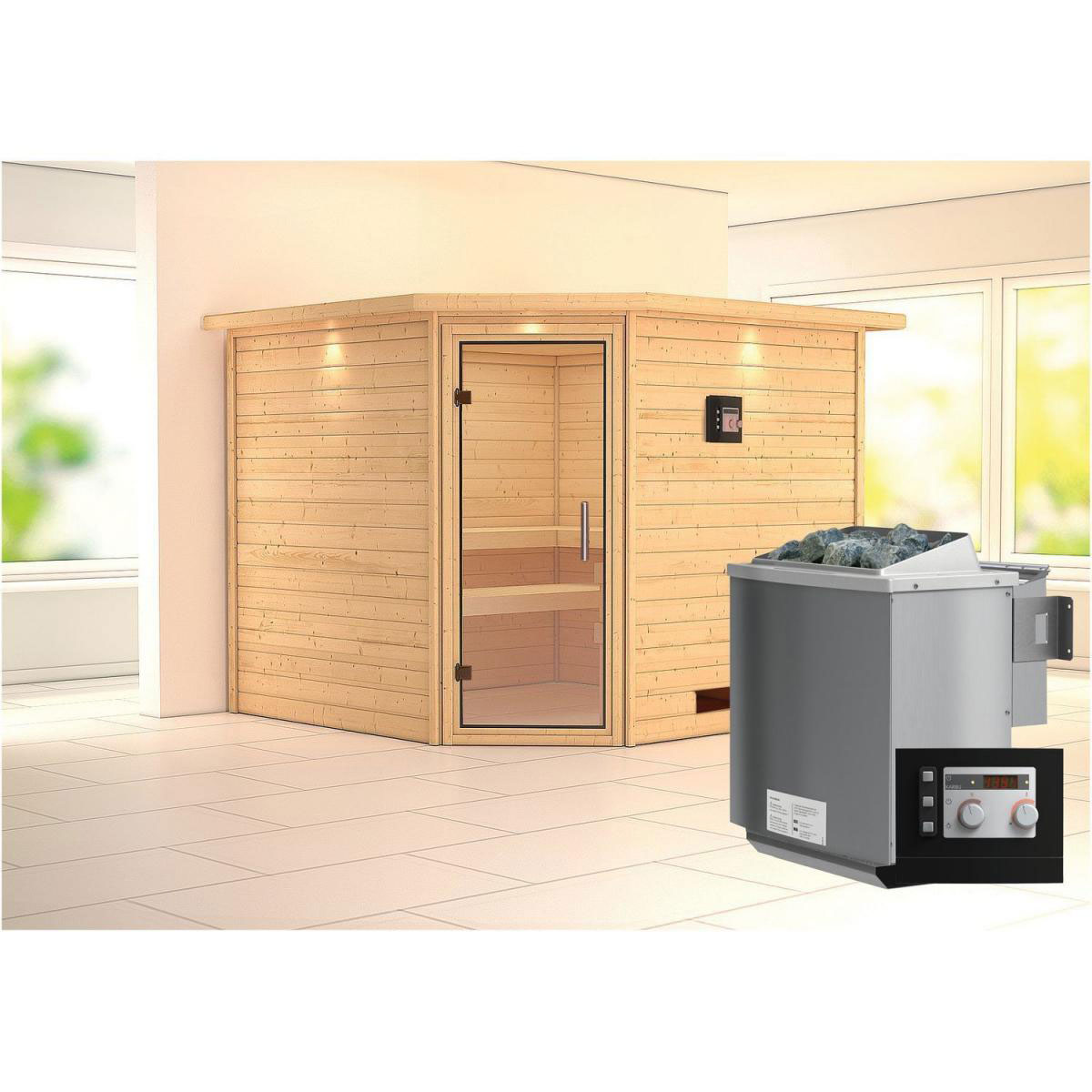 Karibu Sauna Leona Eckeinstieg 9 kW Bio Ofen externe Strg modern mit Kranz Klarglas-Tür Bild 7