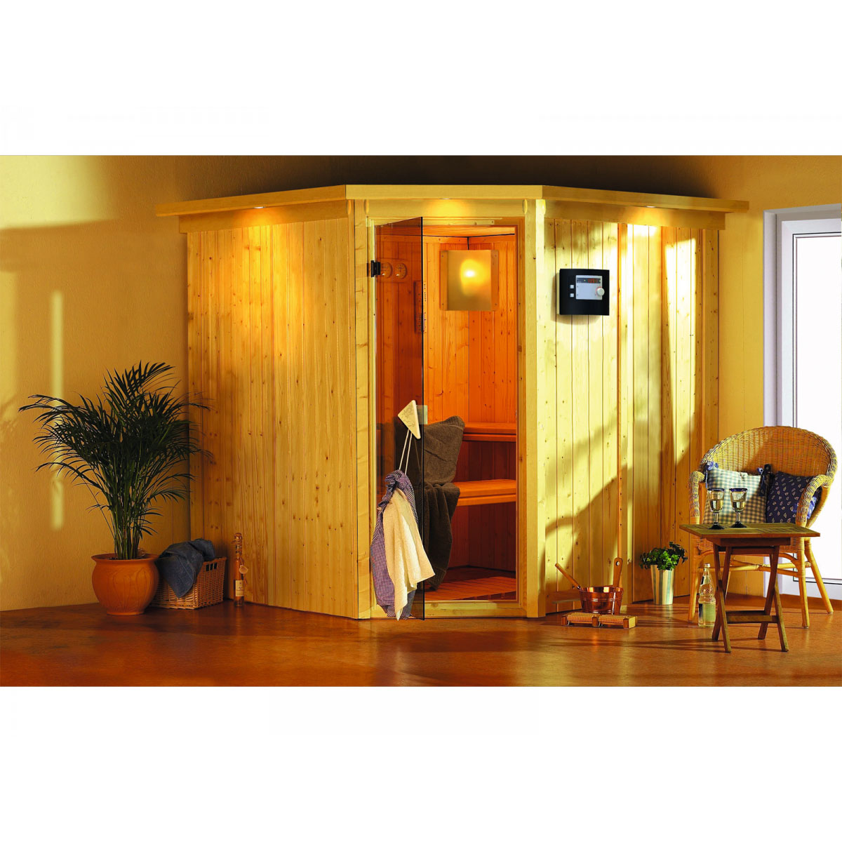 Karibu Systemsauna Jarin 68 mm 9 kW Ofen Bio externe Strg mit Dachkranz