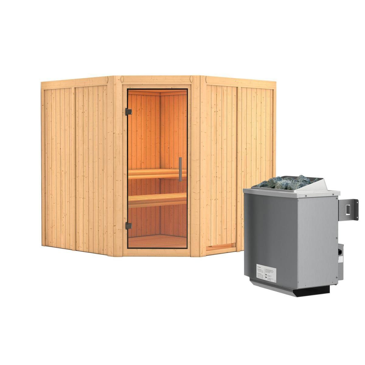 Karibu Sauna Jarin Eckeinstieg 9 kW Ofen integr Strg kein Kranz Klarglas-Tür