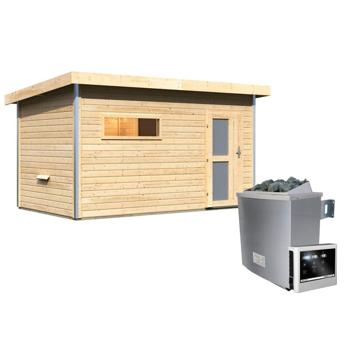 Karibu Saunahaus Skrollan 3 38 mm 9 kW Ofen externe Strg Milchglastür Bild 1