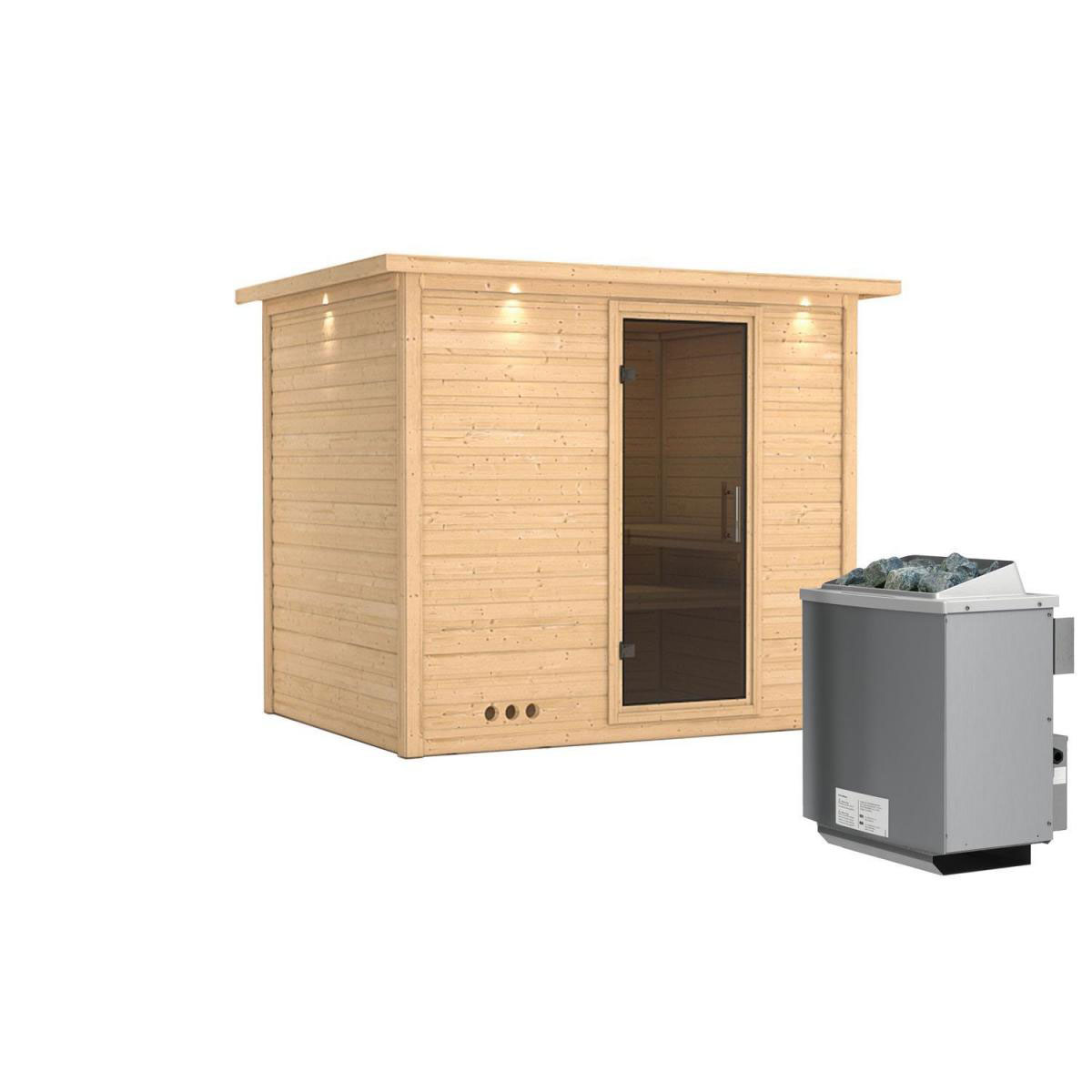 Karibu Sauna Sonara Fronteinstieg 9 kW integr Strg Tür graphit mit Kranz Bild 2