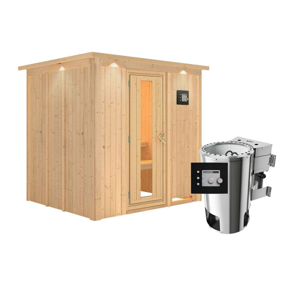Karibu Sauna Daria Fronteinstieg 3,6 kW Bio Ofen externe Strg modern mit Kranz Energiespartür Bild 1