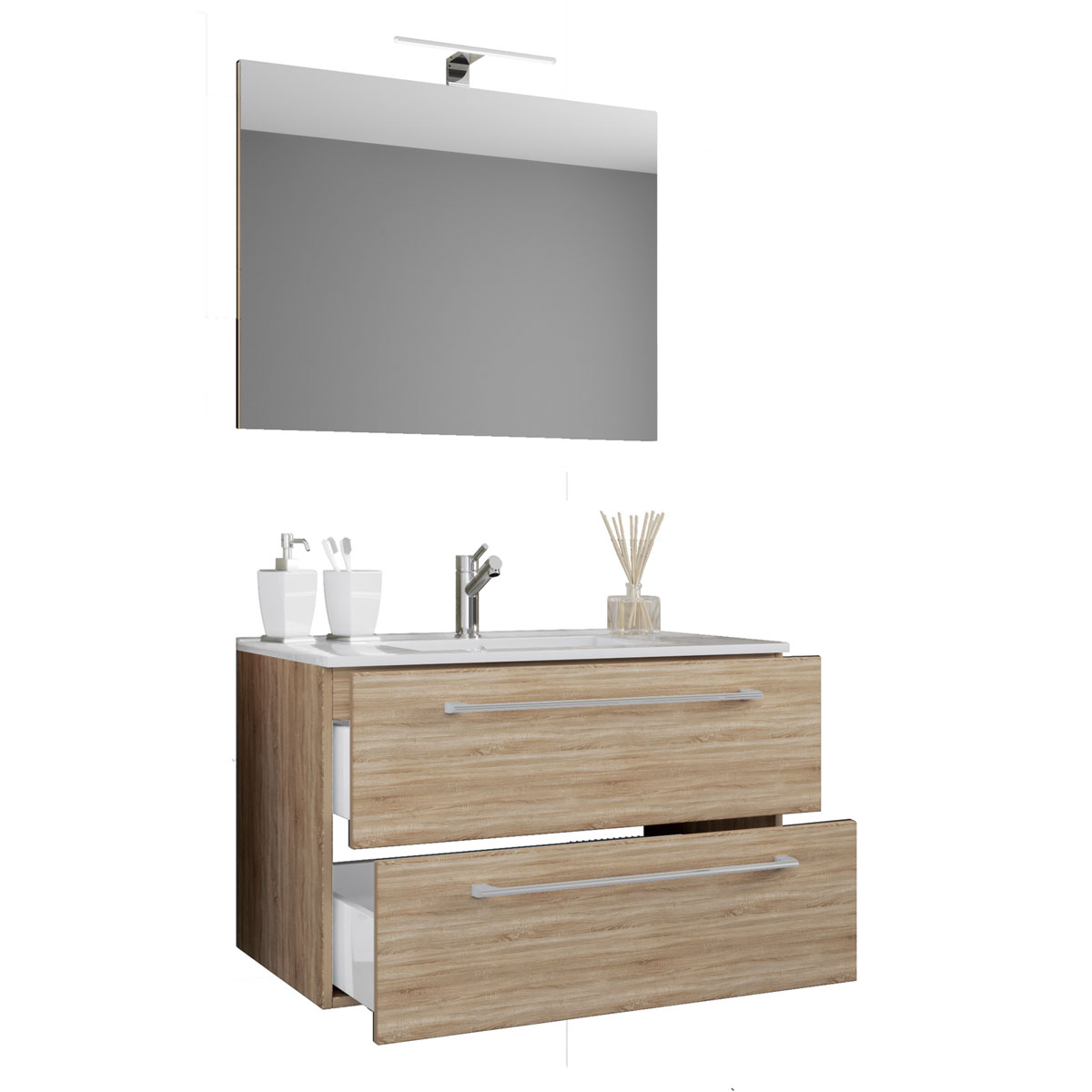 Germany product data sample: Waschplatz 80 cm 3-teilig 2 Schubfächer mit Spiegel Sonoma-Eiche