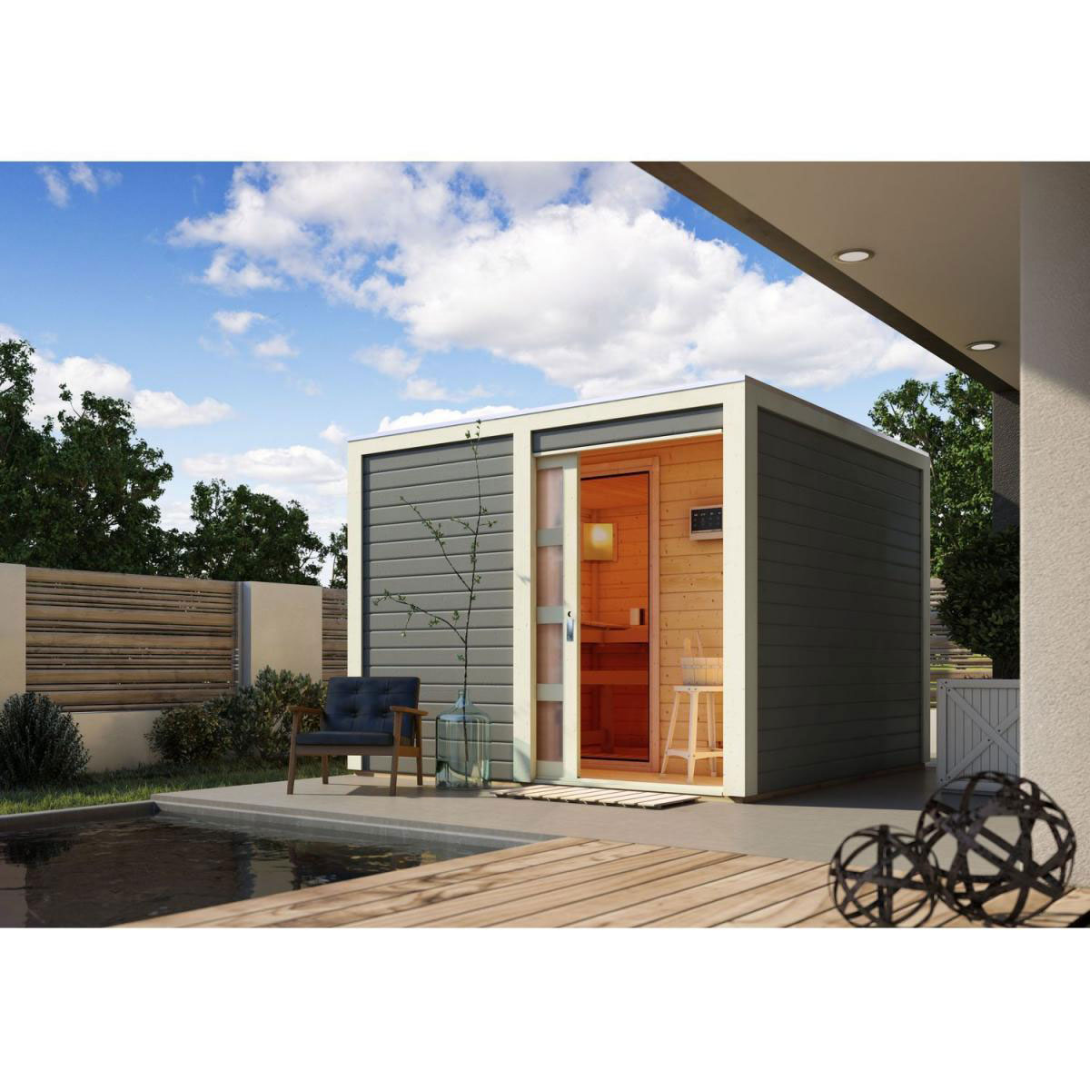 Karibu Saunahaus Cuben 38 mm Ofen 9kW Bio extern grau Bild 5