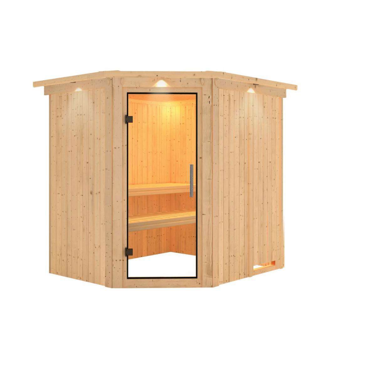 Karibu Sauna Lilja Eckeinstieg ohne Ofen mit Kranz Klarglas-Tür Bild 1