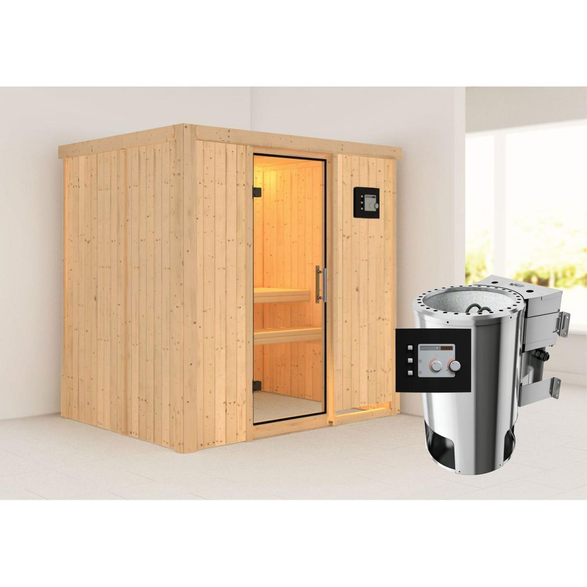 Karibu Sauna Fanja Fronteinstieg 3,6 kW Bio Ofen kein Kranz Klarglas-Tür Bild 6