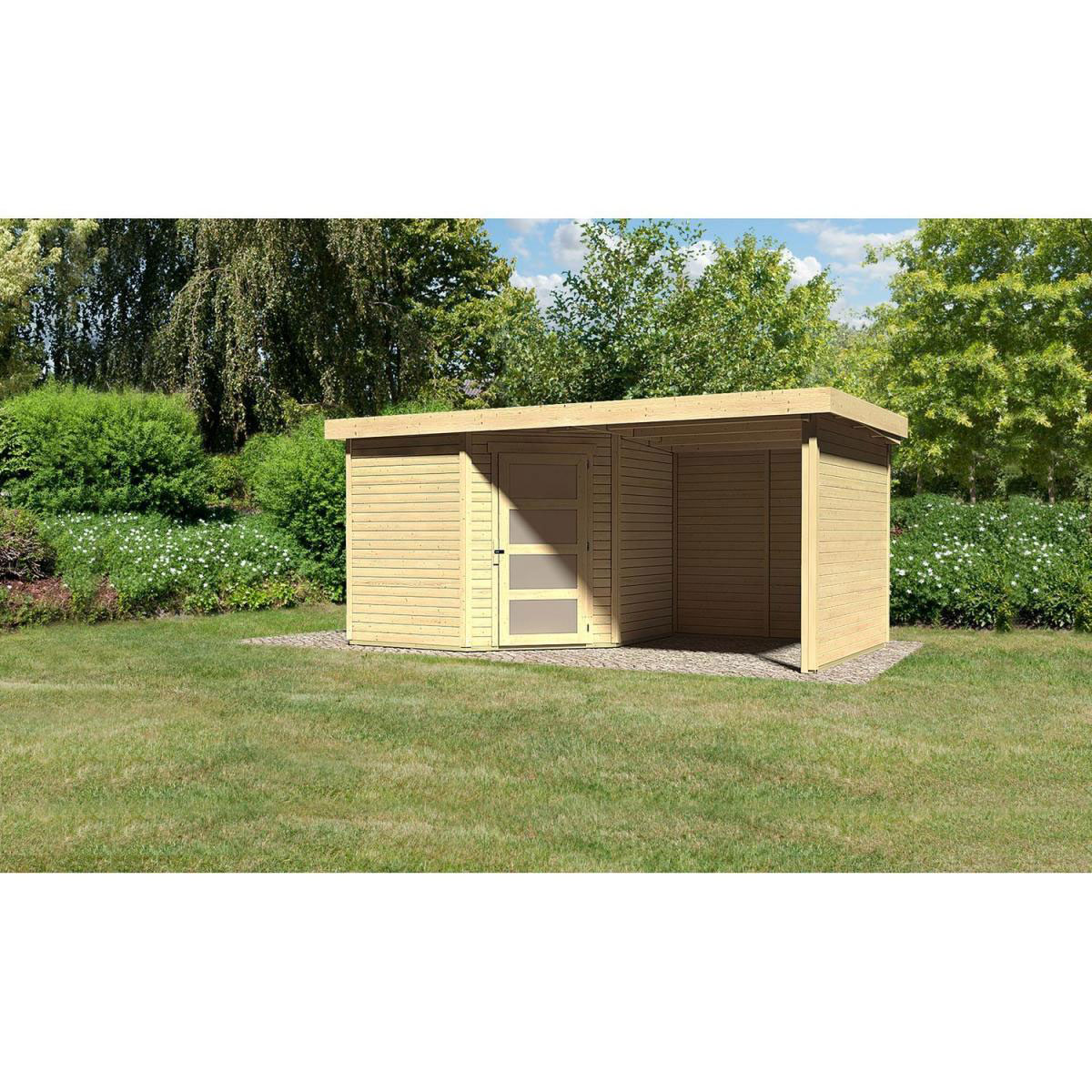 Karibu Gartenhaus Schwandorf 3/5 mit Anbaudach 220 cm und Seiten-/Rückwand 462 x 246 x 218 cm braun Bild 1