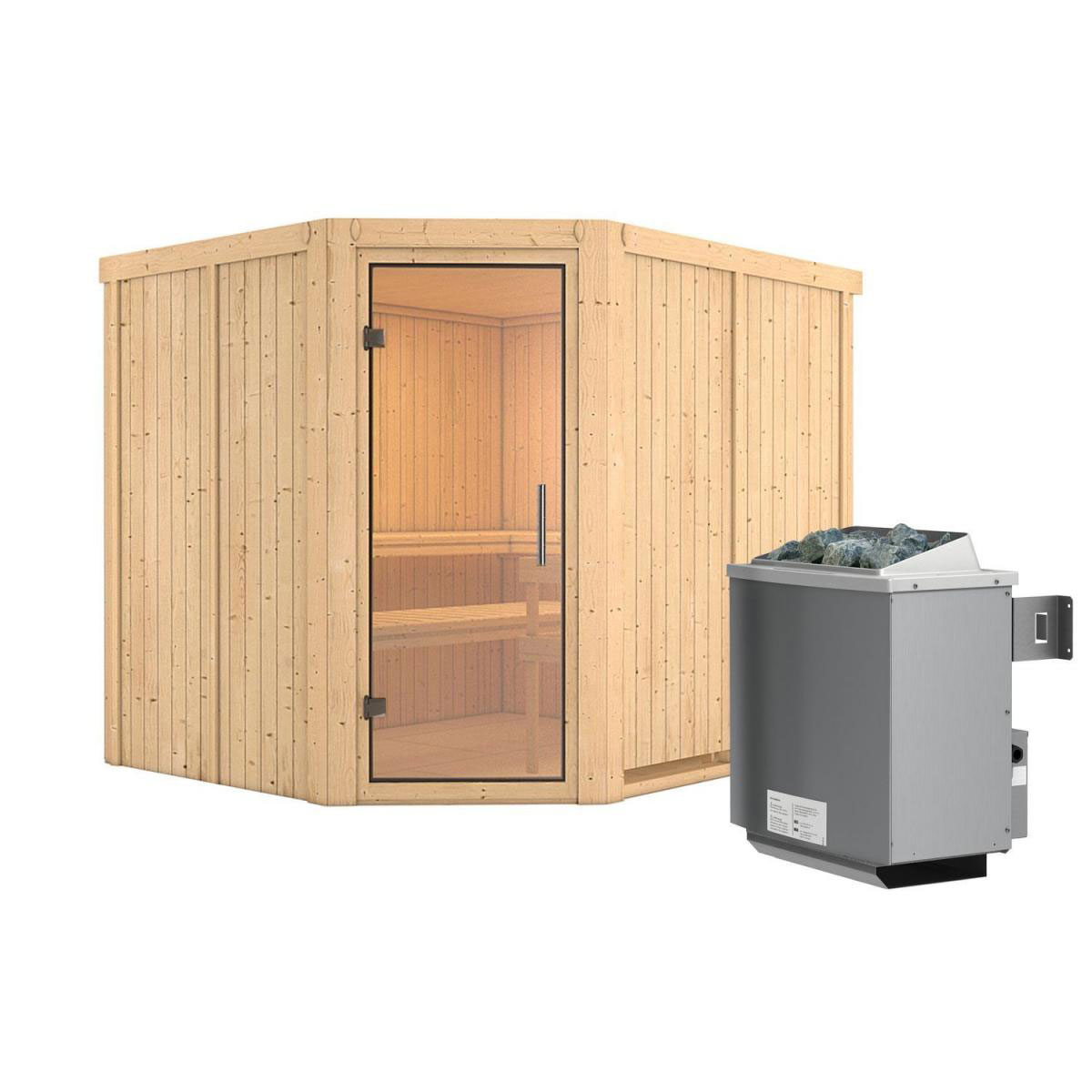 Karibu Sauna Malin Eckeinstieg 9 kW Ofen integr Strg kein Kranz Klarglas-Tür Bild 1