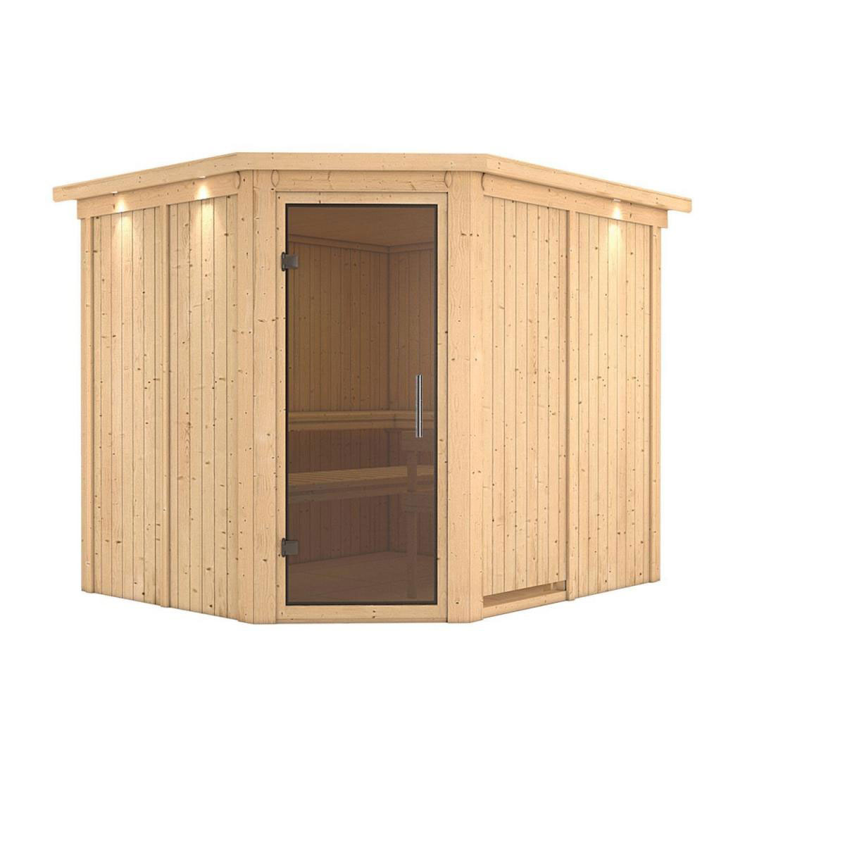 Karibu Sauna Malin Eckeinstieg ohne Ofen Tür graphit mit Kranz Bild 2