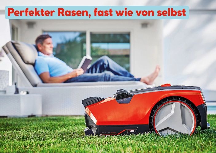Mähroboter mäht den rasen in einem Garten