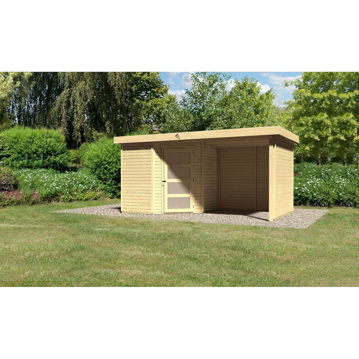 Karibu Gartenhaus Schwandorf 3/5 mit Anbaudach 220 cm und Seiten-/Rückwand 213 x 217 x 218 cm braun Bild 1