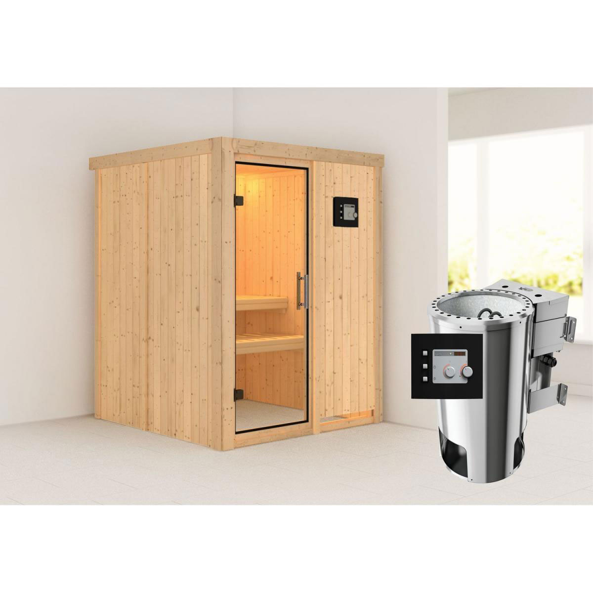 Karibu Sauna Minja Fronteinstieg 3,6 kW Bio Ofen kein Kranz Klarglas-Tür Bild 6