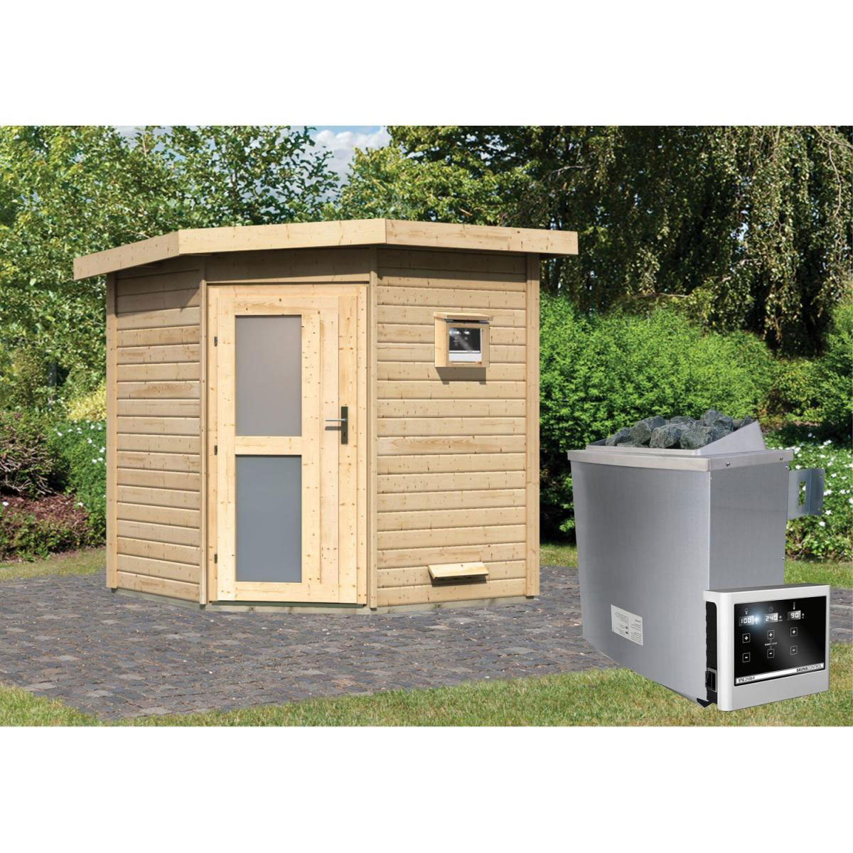 Karibu Saunahaus Pekka 38 mm 9 kW Ofen externe Strg Milchglastür Bild 6